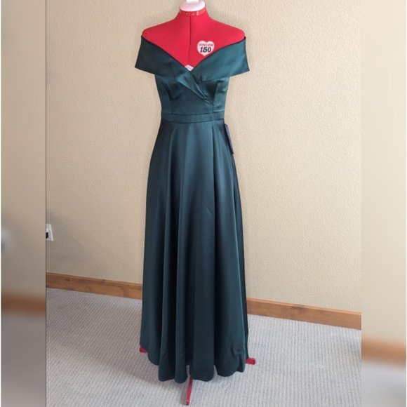 XSCAPE - EMERALD GREEN SATIN OFF SHOULDER GOWN-DRAPED NECK - Picture 6 of 7